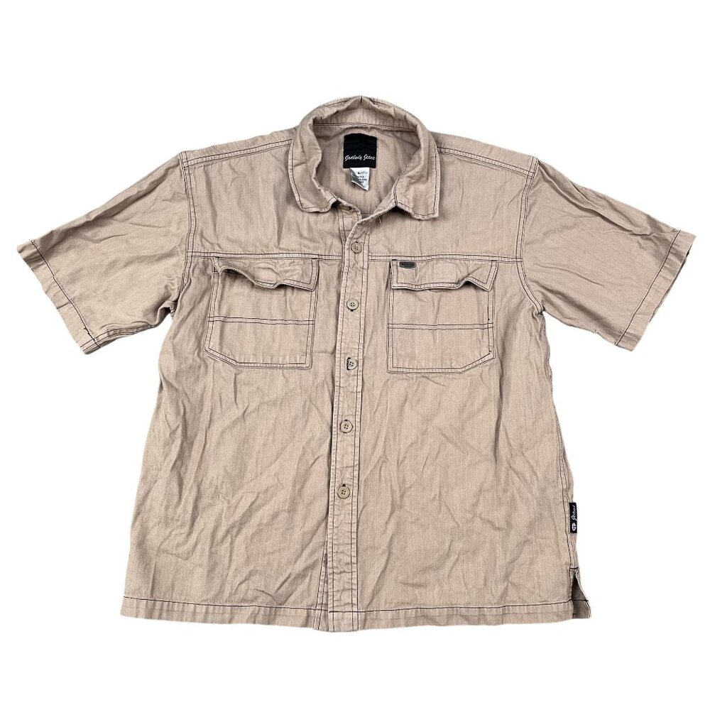 Godbody Jeans Tan Canvas Short Sleeve Button Down Shirt Sz‎ Large